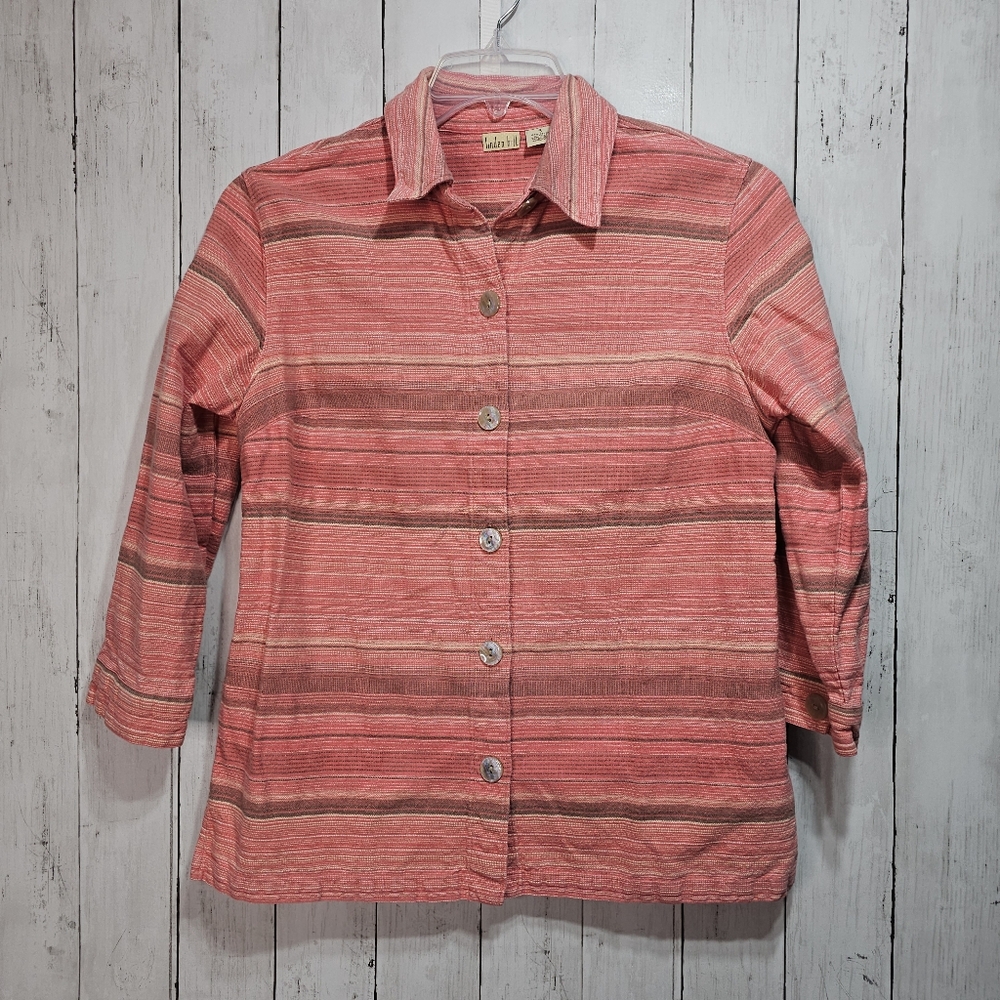 Linden Hill Womens Cotton Coral Stripe Button Up Heavyweight Shirt Jacket Size S